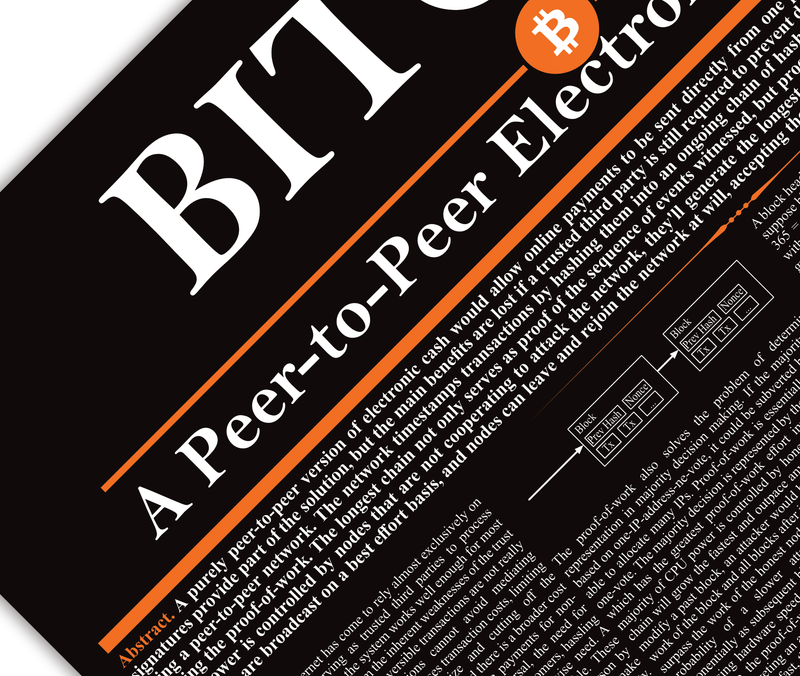 Poster der Kryptowährung Bitcoin und mit dem Whitepaper von Satoshi Nakamoto, für alle Bitcoin-Enthusiasten, Trader, Aktionäre, Banker, und Wertpapierhändler.