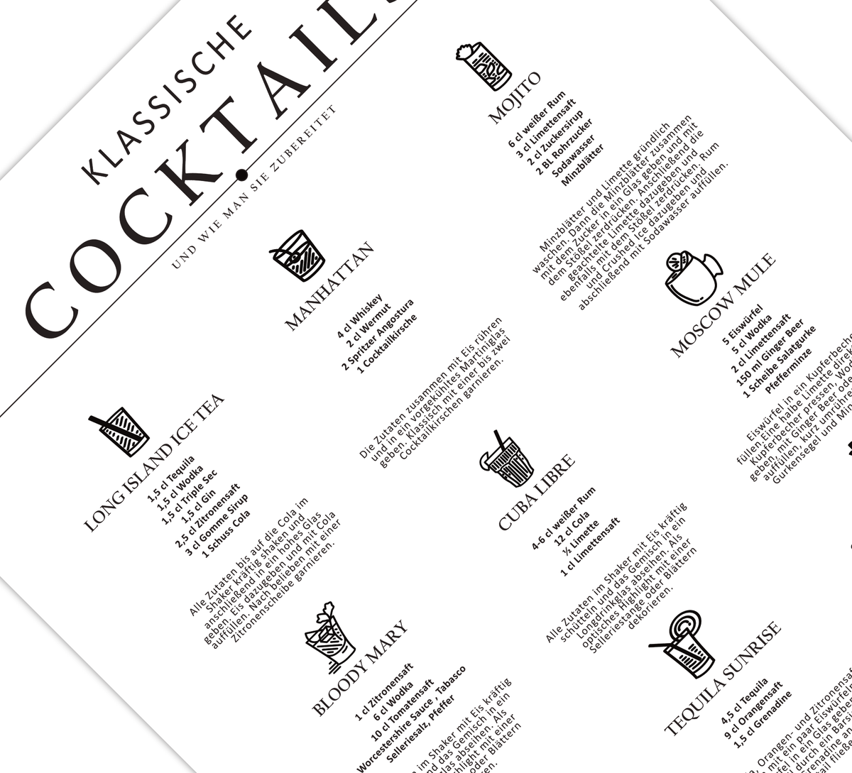 Das Poster für die Küche zeigt dir 12 verschiedene Cocktails mit Rezepten, Bildern und Anleitung zur Zubereitung. 