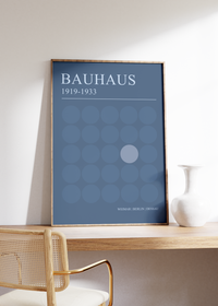 Dieses Bauhaus Poster zeigt dir eine verschiede Blaue Kreis. Das Poster ist einem Ausstellungsplakat von 1919 nachempfunden, ist so aber nie erschienen. 