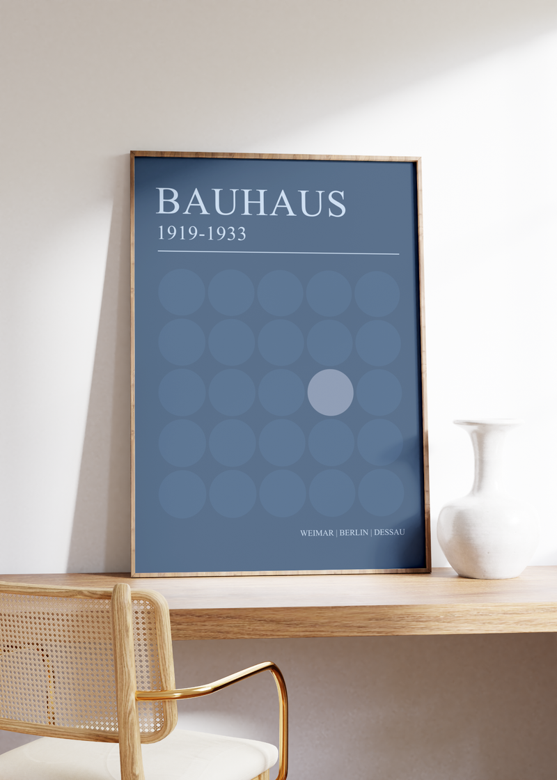 Dieses Bauhaus Poster zeigt dir eine verschiede Blaue Kreis. Das Poster ist einem Ausstellungsplakat von 1919 nachempfunden, ist so aber nie erschienen. 