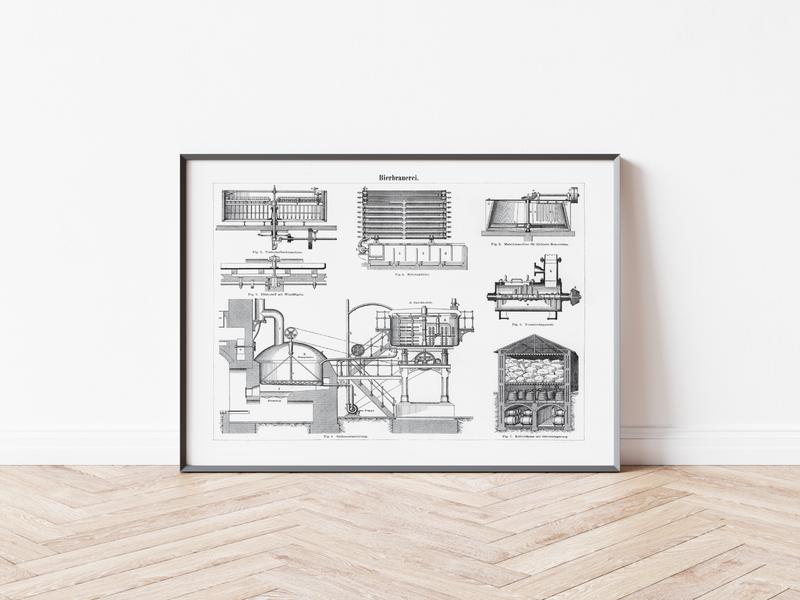 Das Poster einer Bierbrauerei ist eine Vintage Lithographie aus Meyers Koversations-Lexikon aus dem Jahr 1890 im viktorianischen Stil.
