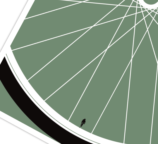 Das Poster zeigt in ein Fahrradrad mit einem Rennradfahrer an der stelle das Ventils. Das Fahrradposter ist erhältlich mit Grünem oder Gelben Hintergrund 