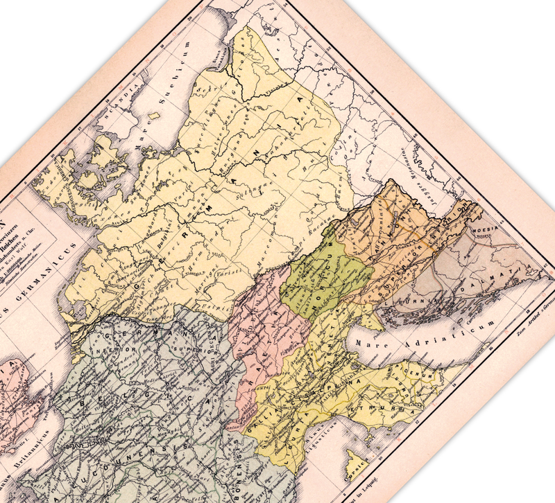 Das Poster welches Germanien in der Mitte des 11. Jahrhunderts zeigt, ist eine Vintage Lithographie aus Meyers Koversations-Lexikon aus dem Jahr 1890.
