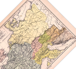Das Poster welches Germanien in der Mitte des 11. Jahrhunderts zeigt, ist eine Vintage Lithographie aus Meyers Koversations-Lexikon aus dem Jahr 1890.