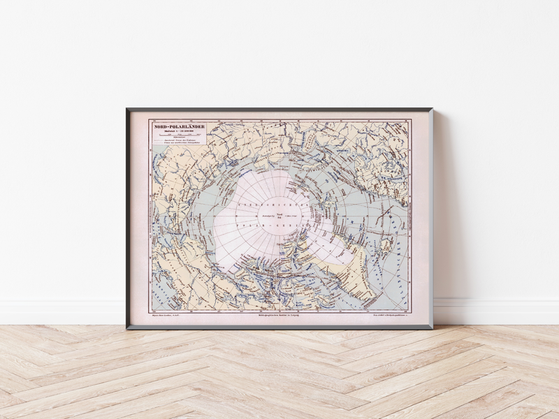 Das Poster einer Karte zu dem unerforschten Nordpolargebiet ist eine Vintage Lithographie aus Meyers Koversations-Lexikon aus dem Jahr 1890.