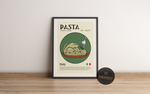 Dieses zeitgenössische Poster zeigt italienische Pasta Nudeln, mit der italienischen Flagge und eine kurze Erläuterung der Geschichte der Pasta.