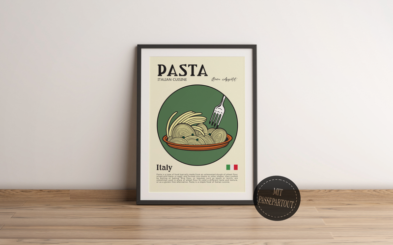 Dieses zeitgenössische Poster zeigt italienische Pasta Nudeln, mit der italienischen Flagge und eine kurze Erläuterung der Geschichte der Pasta.