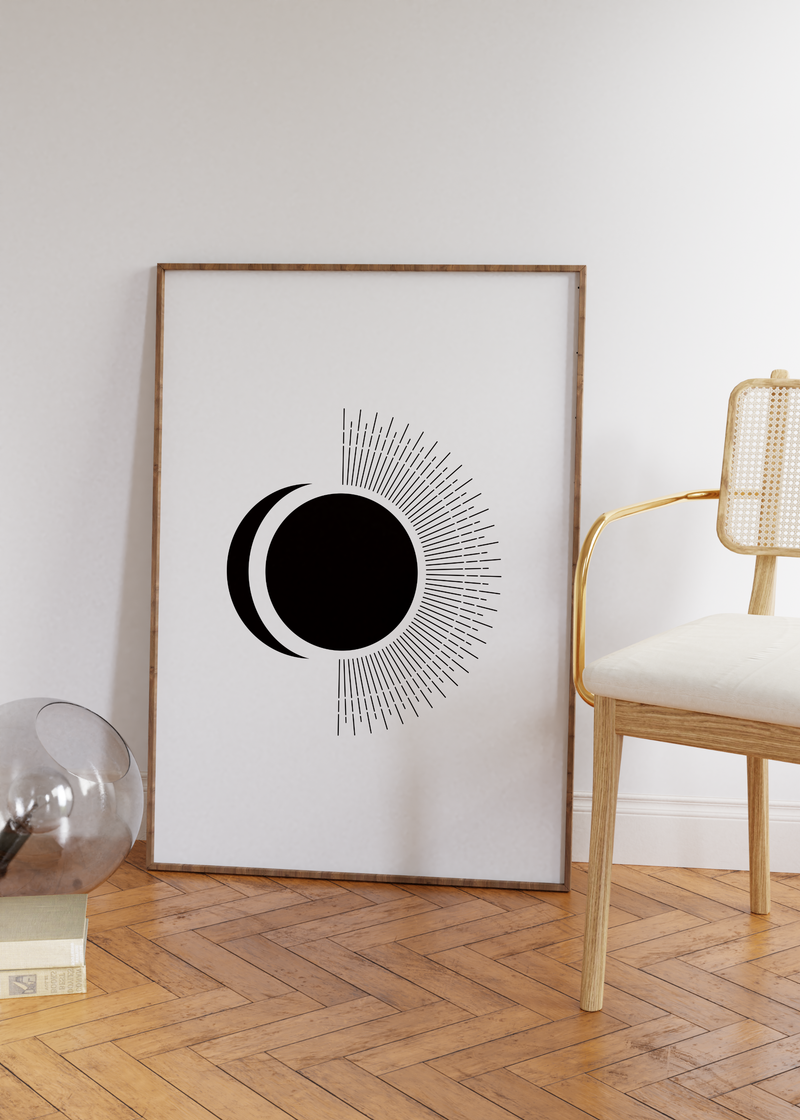 Dieses Mid-Century Poster zeigt die Sonne und den Mond in Schwarz und Weiß.