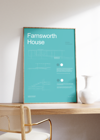 Das Architektur-Poster zeigt dir das Farnsworth House, ein Landhaus südlich der Stadt Plano in Illinois, das Mies van der Rohe zwischen 1945 und 1951 entworfen und errichtet hat. 