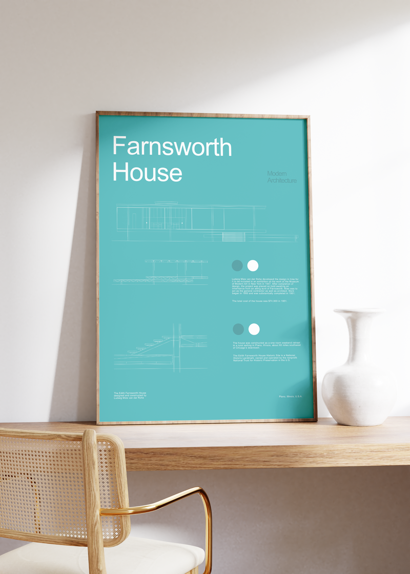 Das Architektur-Poster zeigt dir das Farnsworth House, ein Landhaus südlich der Stadt Plano in Illinois, das Mies van der Rohe zwischen 1945 und 1951 entworfen und errichtet hat. 