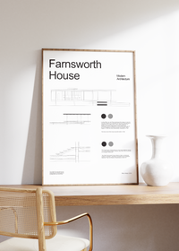 Das Architektur-Poster zeigt dir das Farnsworth House, ein Landhaus südlich der Stadt Plano in Illinois, das Mies van der Rohe zwischen 1945 und 1951 entworfen und errichtet hat. 