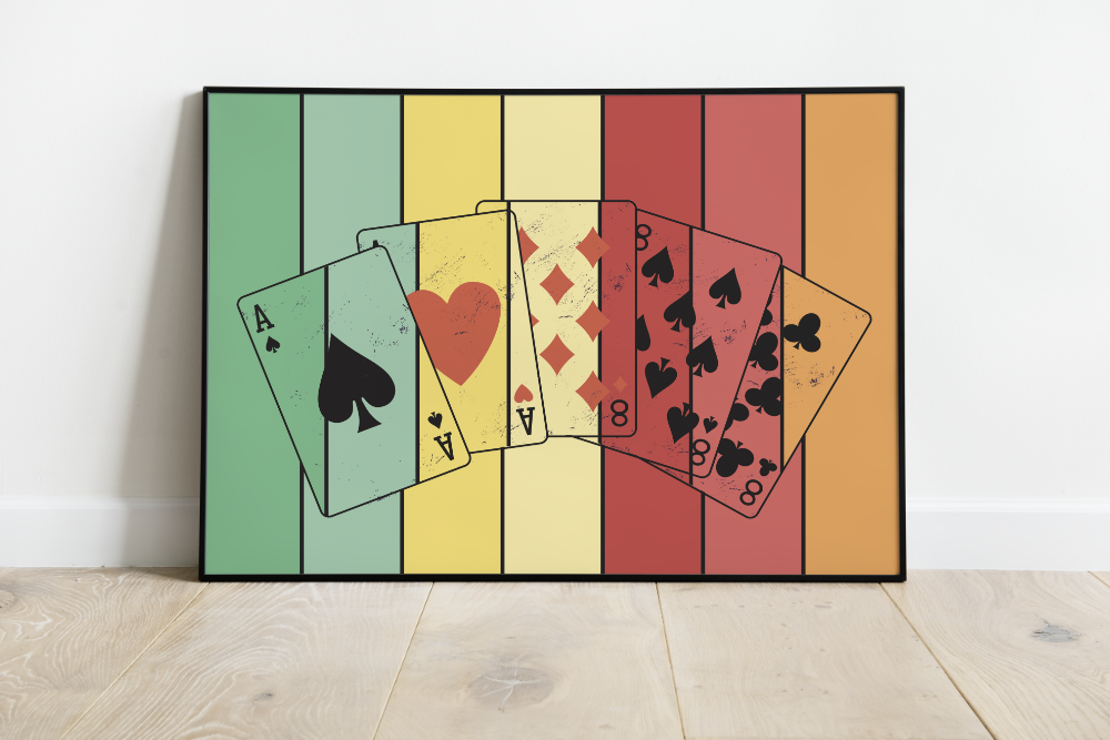 Dieses Kartenposter zeigt die Poker Karten die die Poker-Hand Full House zeigen. Dieses Bild der Pokerkarten ist die perfekte Deko für deinen Partykeller, Garage, Poker- oder Spielraum.
