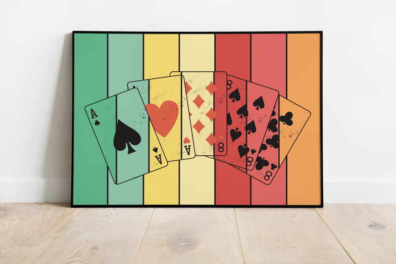 Dieses Kartenposter zeigt die Poker Karten die die Poker-Hand Full House zeigen. Dieses Bild der Pokerkarten ist die perfekte Deko für deinen Partykeller, Garage, Poker- oder Spielraum.