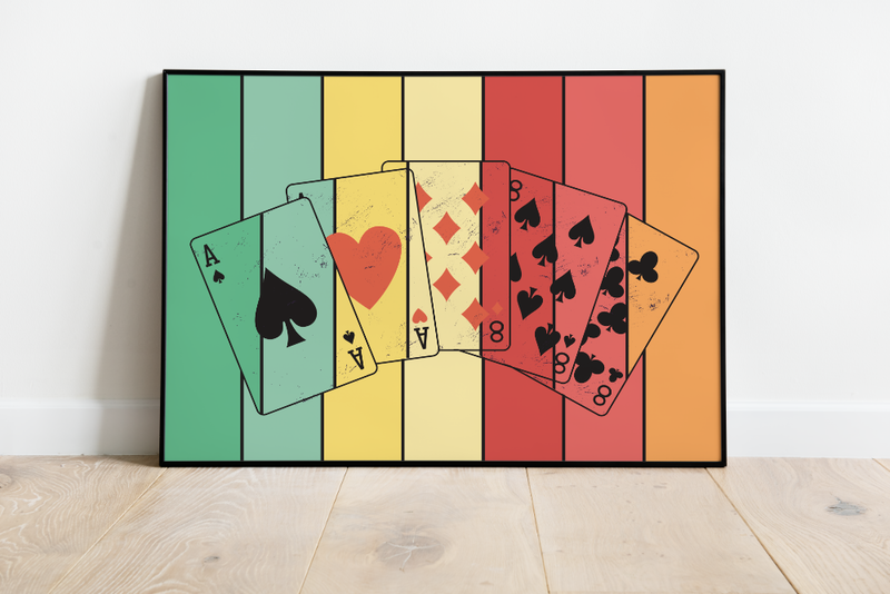 Dieses Kartenposter zeigt die Poker Karten die die Poker-Hand Full House zeigen. Dieses Bild der Pokerkarten ist die perfekte Deko für deinen Partykeller, Garage, Poker- oder Spielraum.
