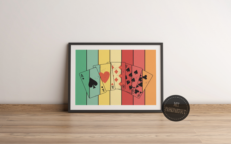 Dieses Kartenposter zeigt die Poker Karten die die Poker-Hand Full House zeigen. Dieses Bild der Pokerkarten ist die perfekte Deko für deinen Partykeller, Garage, Poker- oder Spielraum.