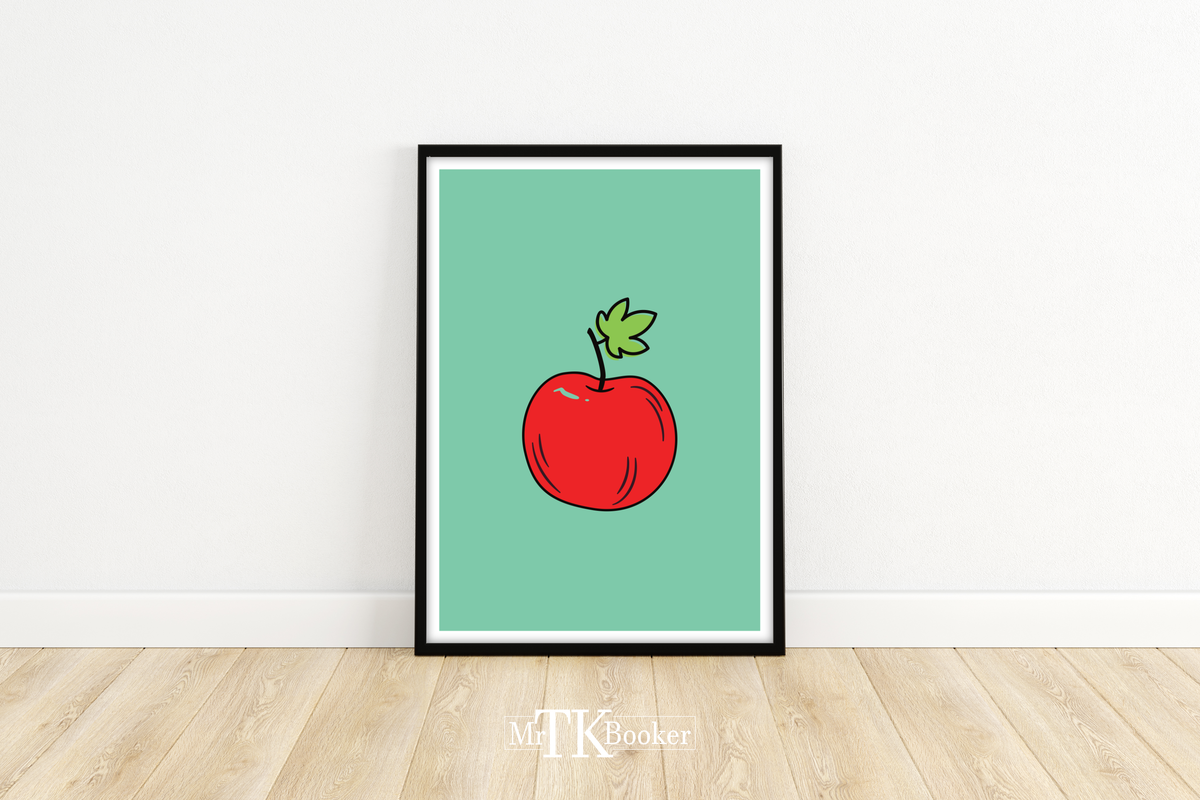 Dieses schöne Poster zeigt einen Apfel auf grünem Hintergrund im minimalistischen Stil. 
