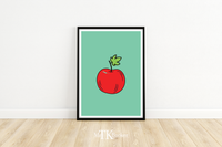 Dieses schöne Poster zeigt einen Apfel auf grünem Hintergrund im minimalistischen Stil. 