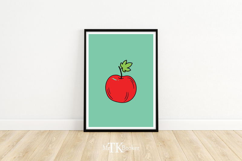 Dieses schöne Poster zeigt einen Apfel auf grünem Hintergrund im minimalistischen Stil. 