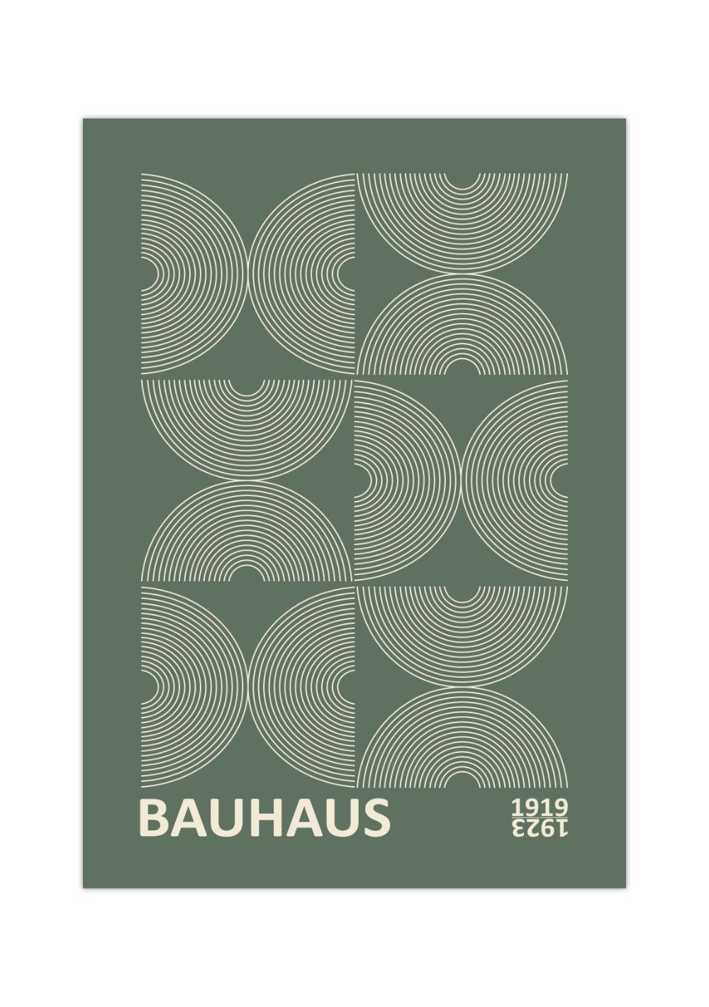 Das Bauhaus Poster zeigt dir geometrische Formen in Beige auf grünem Hintergrund. Das Poster ist einem Ausstellungsplakat von 1919 - 1923 nachempfunden, ist so aber nie erschienen. 