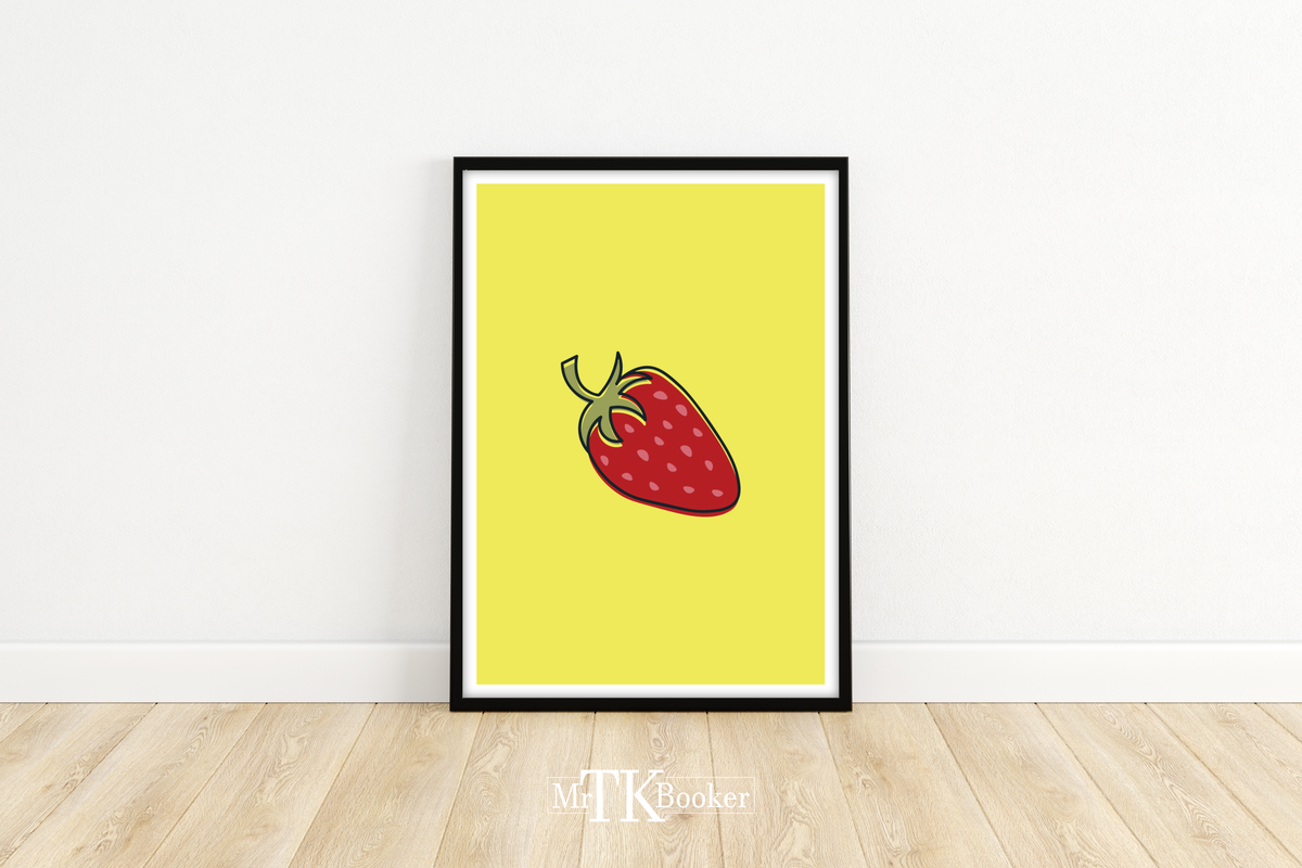 Dieses Poster zeigt eine Erdbeere auf gelbem Hintergrund im minimalistischen Stil. Das Poster für die Küche, im modernen Stil ist die perfekte Küchendeko, ob Landhaus oder moderne Küche.