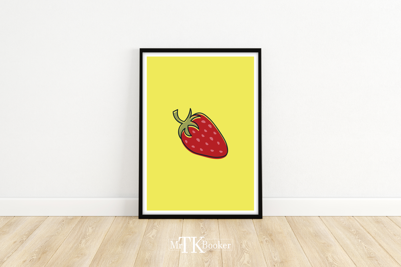 Dieses Poster zeigt eine Erdbeere auf gelbem Hintergrund im minimalistischen Stil. Das Poster für die Küche, im modernen Stil ist die perfekte Küchendeko, ob Landhaus oder moderne Küche.