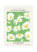 Das grün, beige Poster ist ein fiktives Bild des Blumenmarktes in London, Tower Hamlets, Columbia Road.