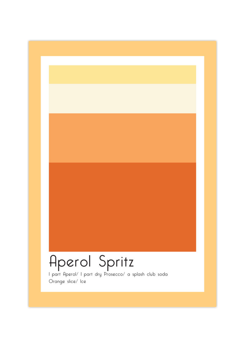 Dieses Poster für die Küche zeigt dir den Cocktail Aperol Spritz inklusive des Rezeptes, in verschiedenen Rot- und Orangetönen.