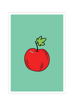 Dieses schöne Poster zeigt einen Apfel auf grünem Hintergrund im minimalistischen Stil. 