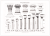 Das Poster zur Architektur unterschiedlicher Säulen ist eine Vintage Lithographie aus Meyers Koversations-Lexikon aus dem Jahr 1890.