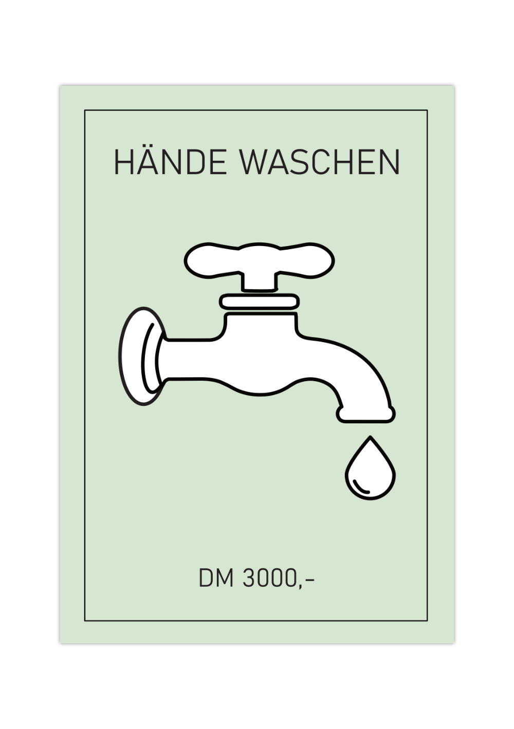 Dieses witzige Badezimmer Poster mit Wasserhahn und den Worten Hände waschen erinnert an das Spiel Monopoly und ist die ideale Wanddeko für dein Bad.