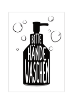 Auf diesem Poster für das Badezimmer siehst du einen Seifenspender und die inschrift "Bitte Händewaschen". Die ideale Deko für Badezimmer und Gäste-WC.
