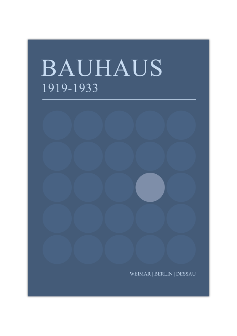 Dieses Bauhaus Poster zeigt dir eine verschiede Blaue Kreis. Das Poster ist einem Ausstellungsplakat von 1919 nachempfunden, ist so aber nie erschienen. 