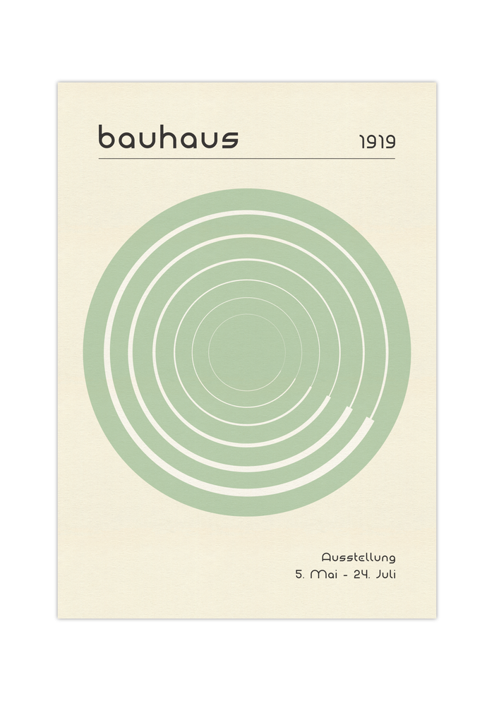 Das Poster im Bauhaus-Stil  zeigt dir eine Spirale im Kreis in Grün oder Orange.
