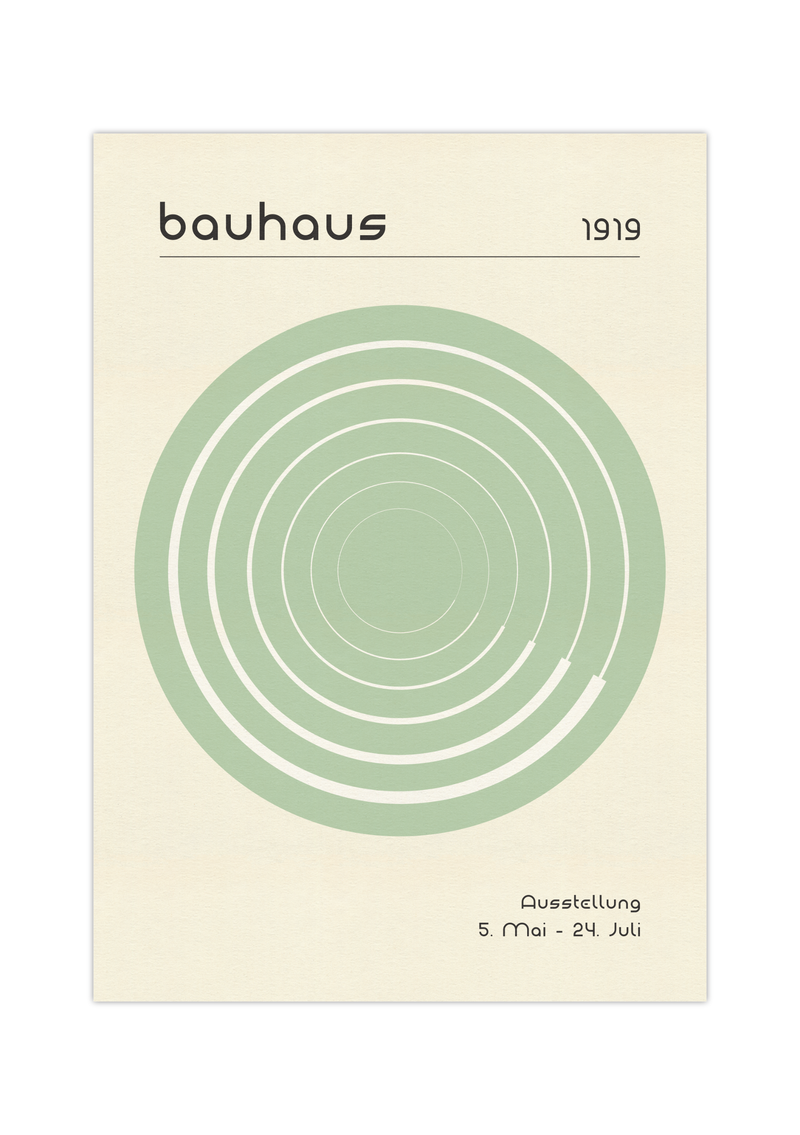 Das Poster im Bauhaus-Stil  zeigt dir eine Spirale im Kreis in Grün oder Orange.