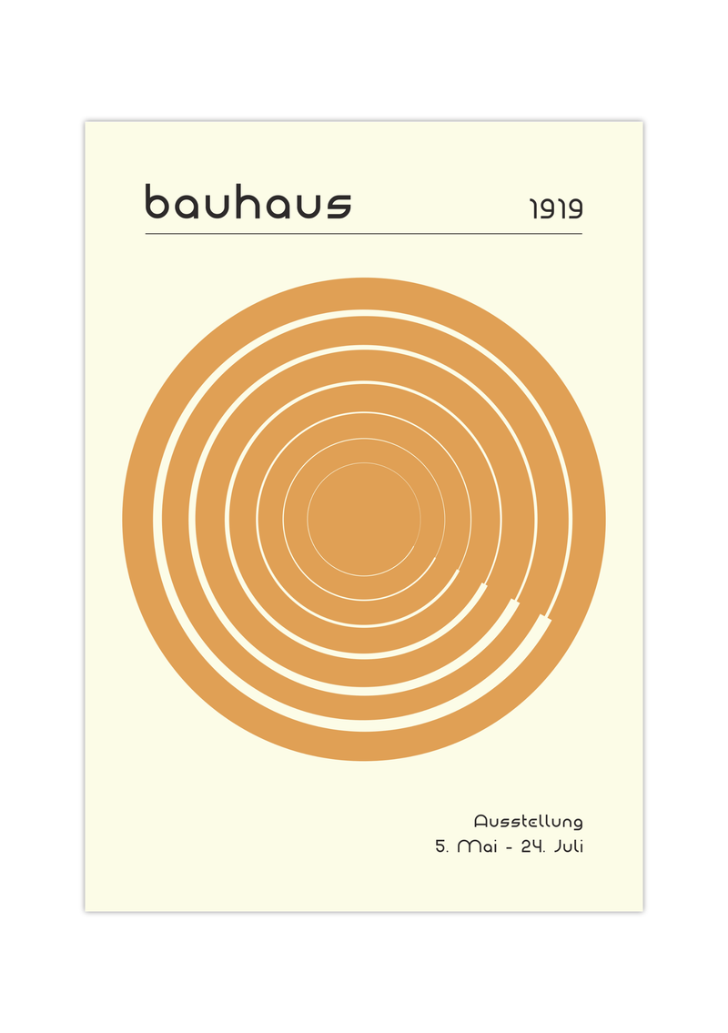 Das Poster im Bauhaus-Stil  zeigt dir eine Spirale im Kreis in Grün oder Orange.
