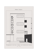 Dieses Bauhaus Poster zeigt dir eine Darstellung des Schulgebäude für die Kunst-, Design- und Architekturschule Bauhaus in Schwarz und Weiß,