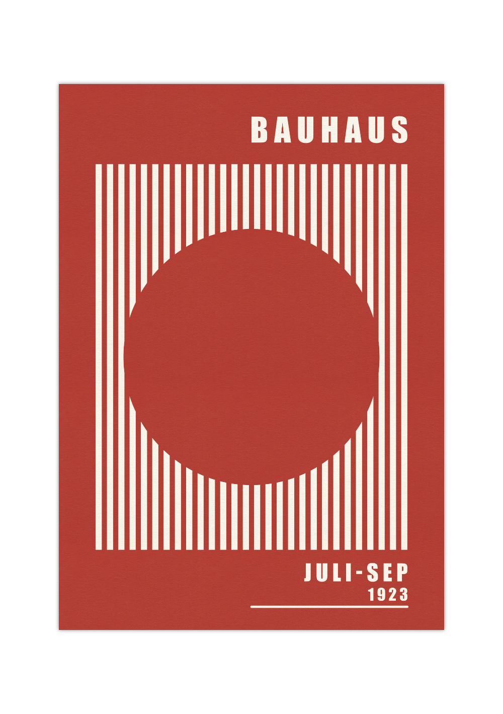 Dieses Bauhaus Poster zeigt dir einen aus Linien ausradierten Kreis in Rot oder Eierschalenweiß. 