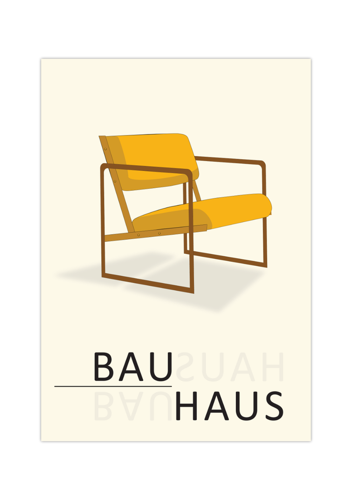 Das Bauhaus Poster zeigt einen gelben, geometrisch dargestellten Stuhl im minimalistischem Stil.