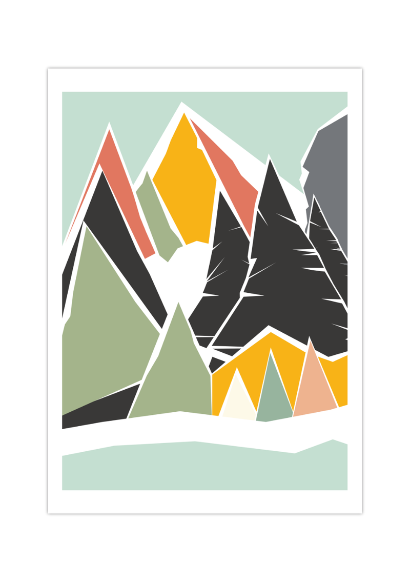 Dieses minimalistische Poster zeigt eine Berglandschaft der Alpen. Das Landschaftsbild ist im abstrakten Stil gehalten und passt sowohl in modern gestaltete Wohnungen, wie auch in Land- und Bauernhäuser.