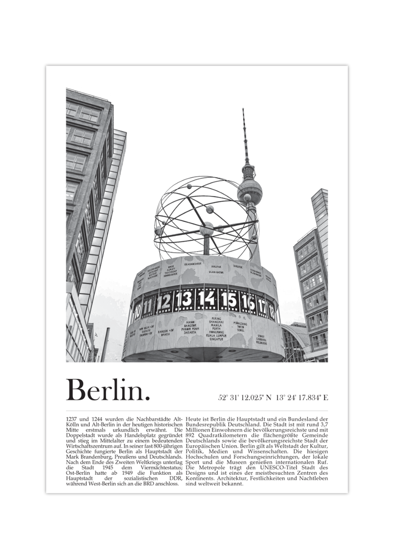 Dieses Poster zeigt eine Ansicht von Berlin auf der die sowohl die Weltzeituhr auf dem Alexanderplatz, wie auch im Hintergrund der Fernsehturm zu sehen ist. 