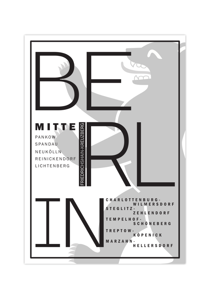 Das schwarz/weiß Poster zeigt dir den Berliner Bären, das Wort Berlin und die 12 Bezirke in Berlin. 