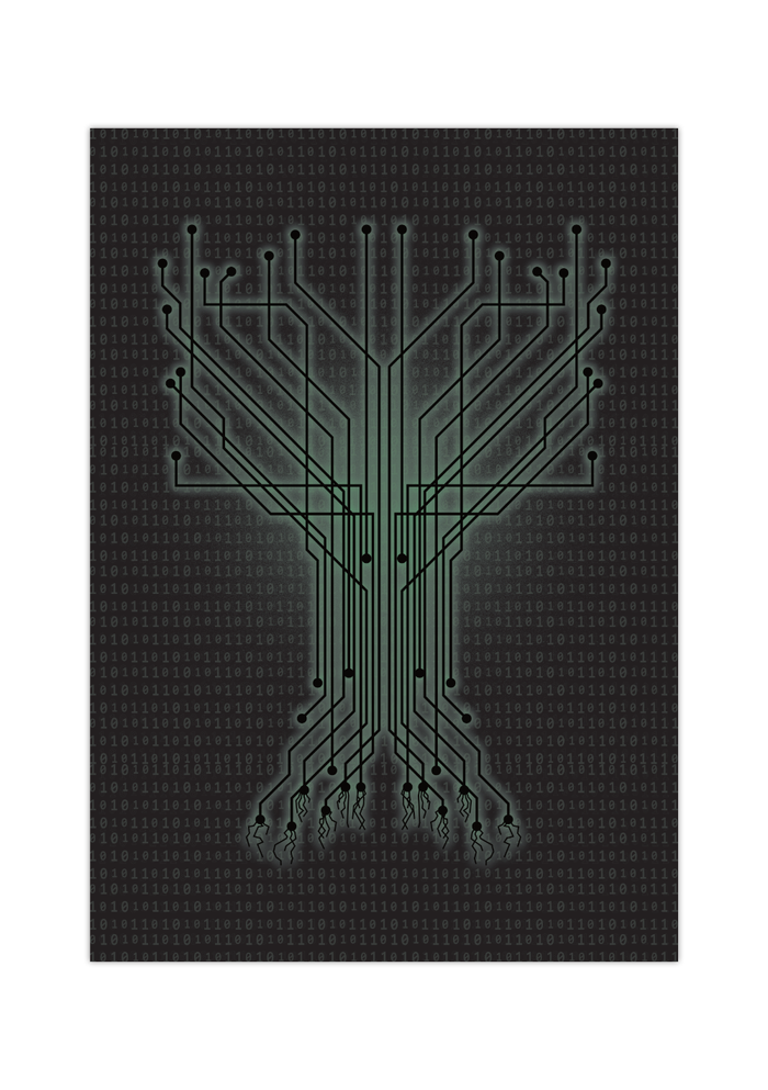 Das Computer-Poster zeigt einen Datenbaum mit hinterlegtem Binärcode