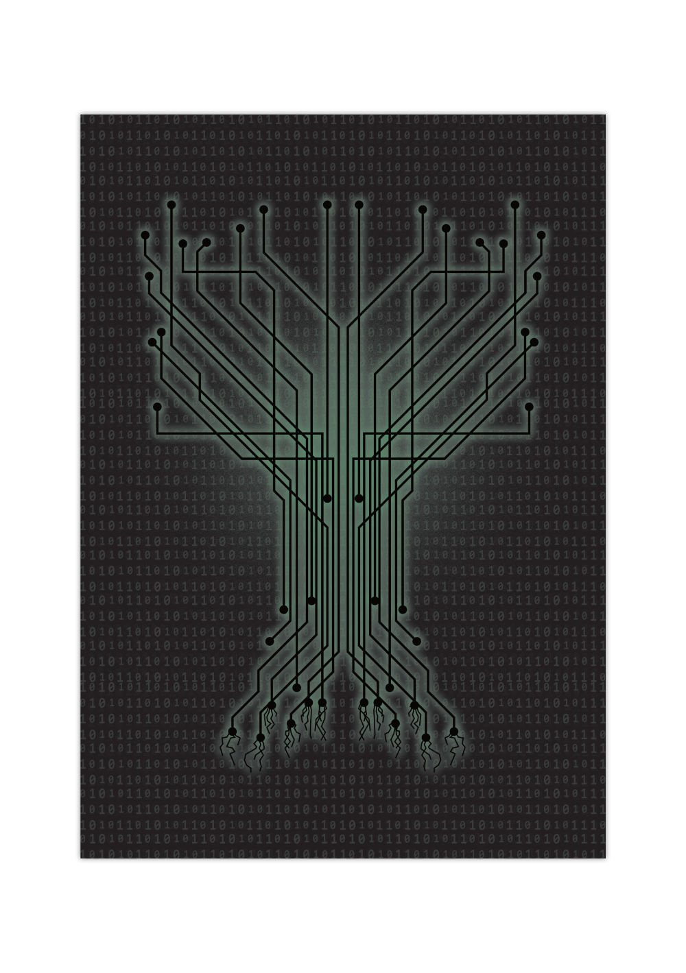 Das Computer-Poster zeigt einen Datenbaum mit hinterlegtem Binärcode