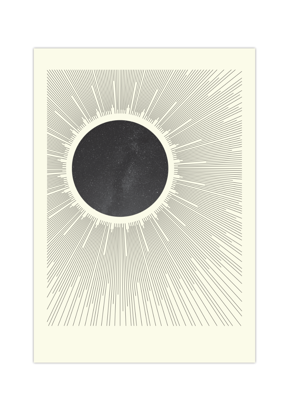 Das Poster zeigt dir einen Blick in den Himmel, mit dem Mond (inklusive Sterne innerhalb) der gleichzeitig eine Sonne darstellt.