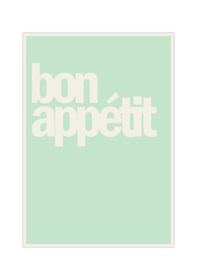 Das Küchenposter zeigt das Wort Bon Appétit in verschiedenen Vintagefarben wie Lachs, Grün, Blau oder Rotbraun. Das minimalistische Bild passt in jede modern gestaltete Küche.