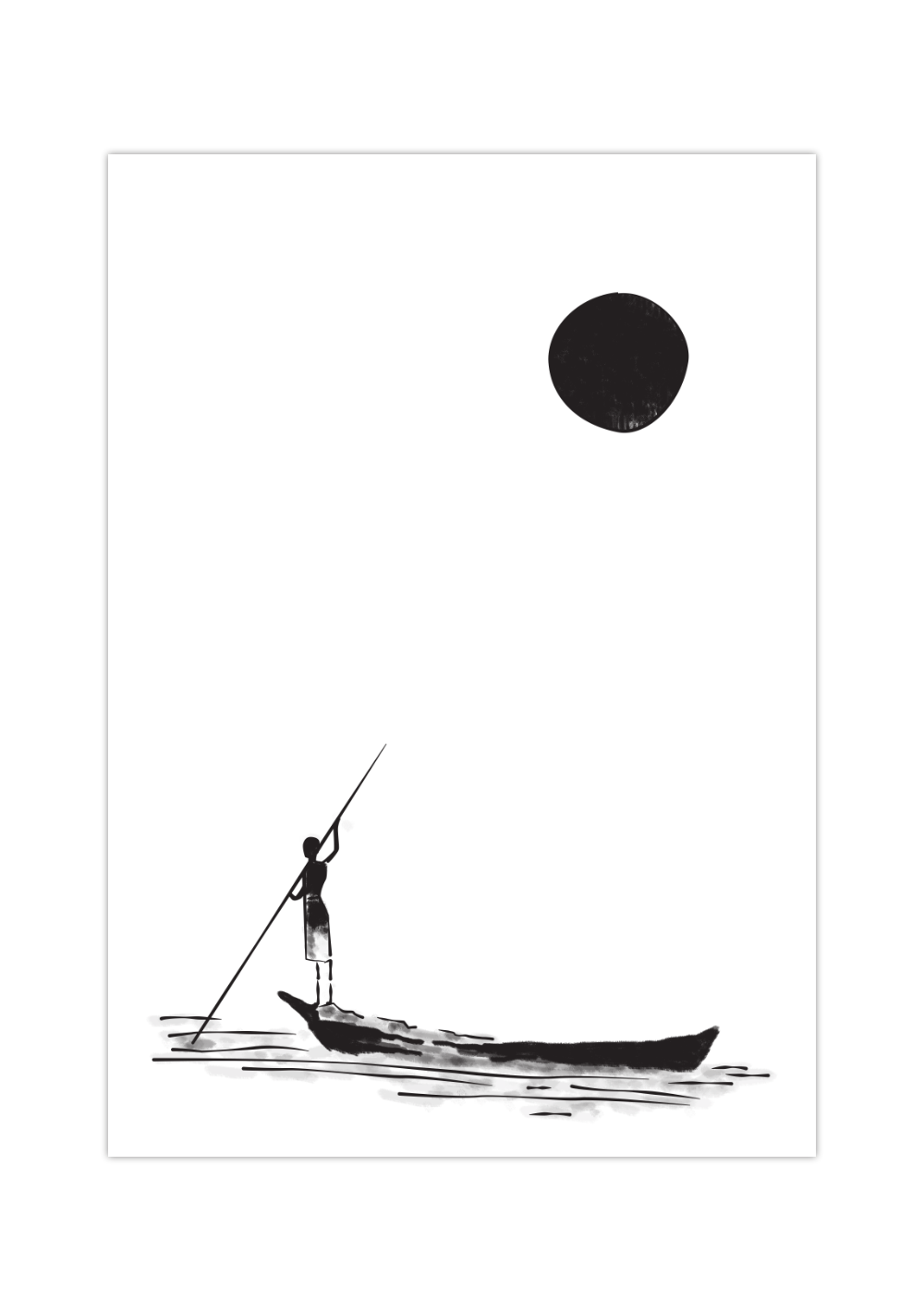 Dieses maritime Poster zeigt ein eine minimalistisch dargestellte Frau auf einem Boot und einem Mond am Himmel. 