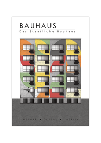 Das Bauhaus Poster zeigt ein typisches Gebäude im Stil des neuen Bauens. Das Gebäude hat den für das Bauhaus üblichen geometrisch, minimalistischen Stil. 