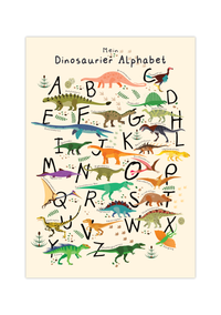Das Alphabet Poster zeigt 24 Dinosaurier für jeden Buchstaben des ABC.