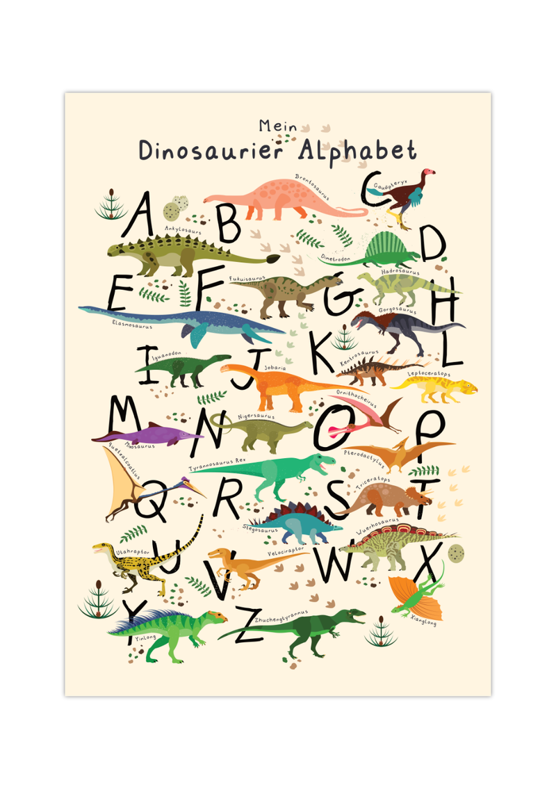 Das Alphabet Poster zeigt 24 Dinosaurier für jeden Buchstaben des ABC.