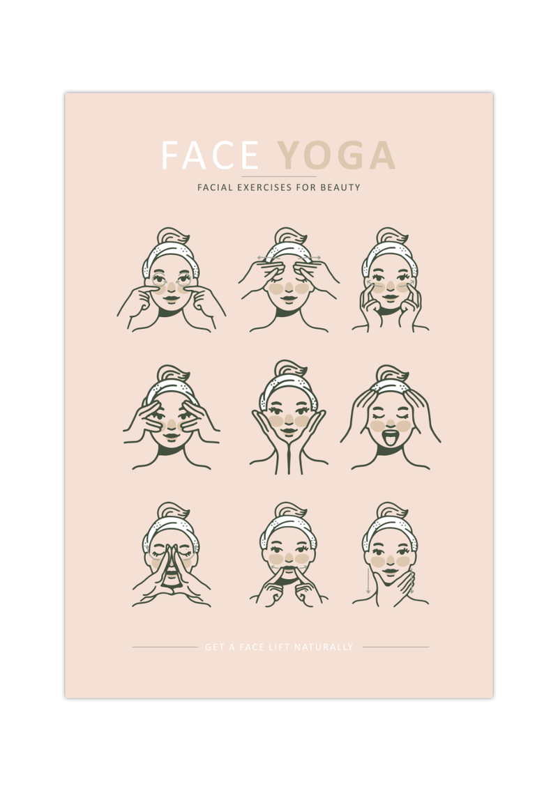 Das Yoga Poster zeigt dir neun unterschiedliche Gesichtsyoga Übungen. 